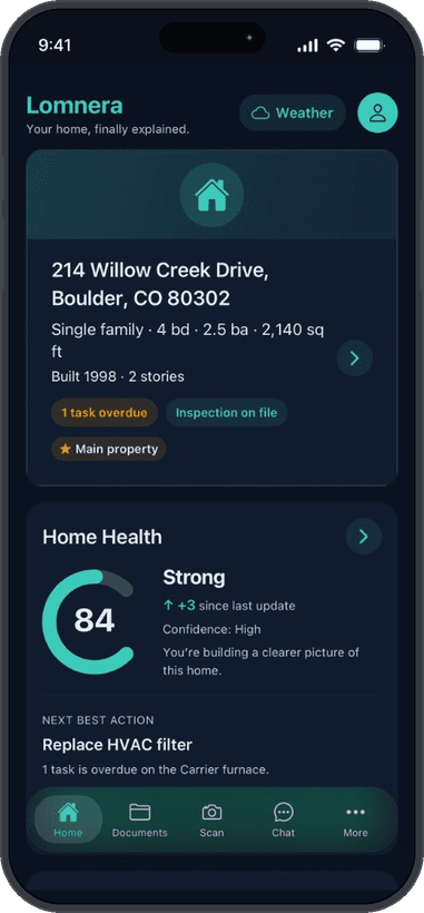 Lomnera home dashboard for 214 Willow Creek Drive showing Home Health 84 and a next-best action to replace an HVAC filter