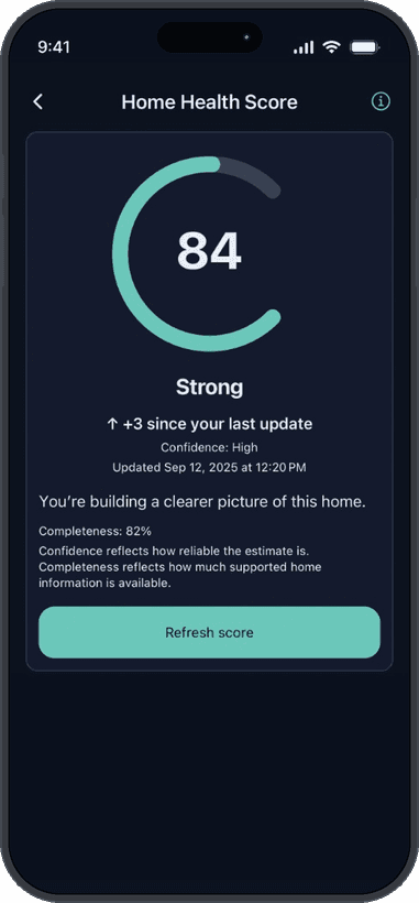 Lomnera Home Health Score of 84 labeled Strong, with completeness, confidence, and a refresh-score action