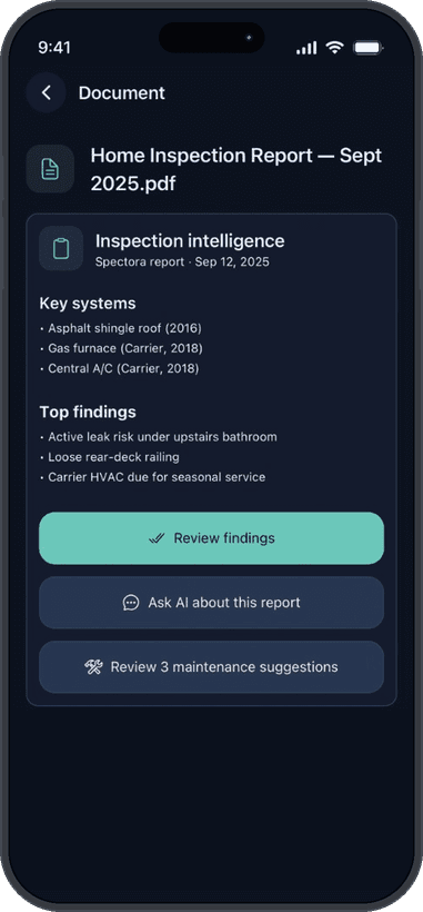 Lomnera inspection intelligence screen summarizing key systems and top findings from an uploaded inspection PDF