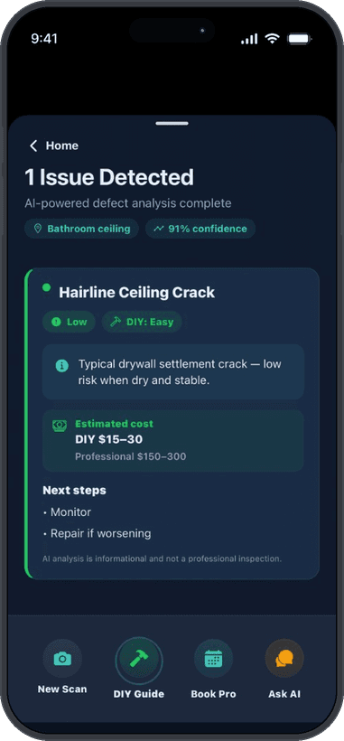 Lomnera scan result showing a hairline ceiling crack rated low severity with a DIY planning cost range