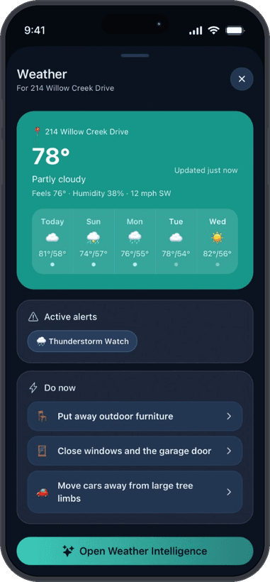 Lomnera weather screen for this property showing 78°, a thunderstorm watch, and prepare-now steps